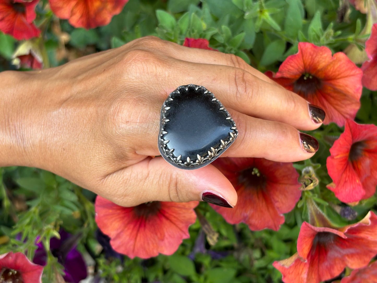 Sterling Silver Black Obsidian Fancy Heart Adjustable Ring #3