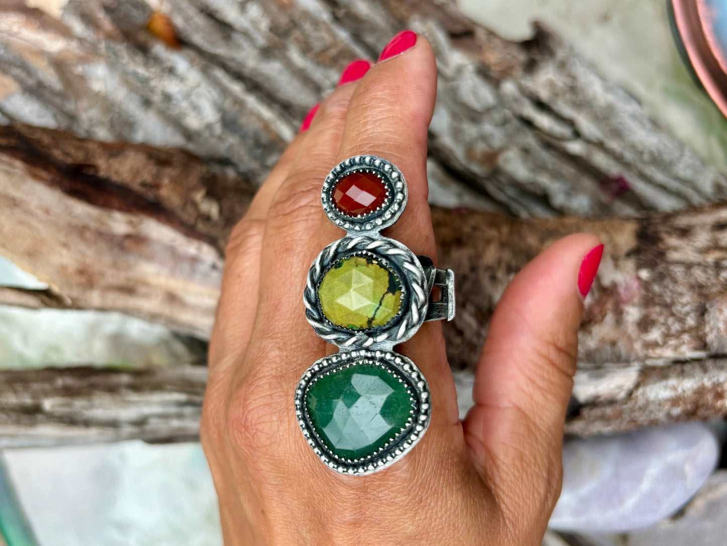 Sterling Silver Hubei Carnelian Serpentine Adjustable Ring # Y