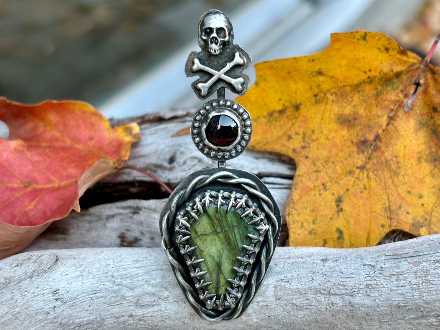 Halloween Sterling Silver with Copper Webbed Band Skull Crossbones Labradorite Garnet Ring