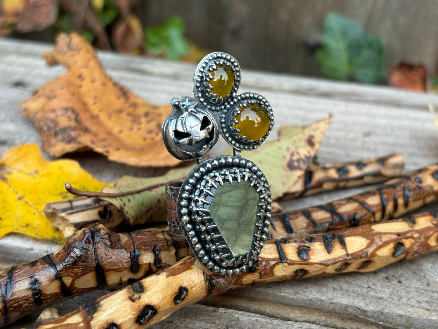 Halloween Collection Jack-O-Lantern Labradorite Chalcedony Adjustable Ring (2)