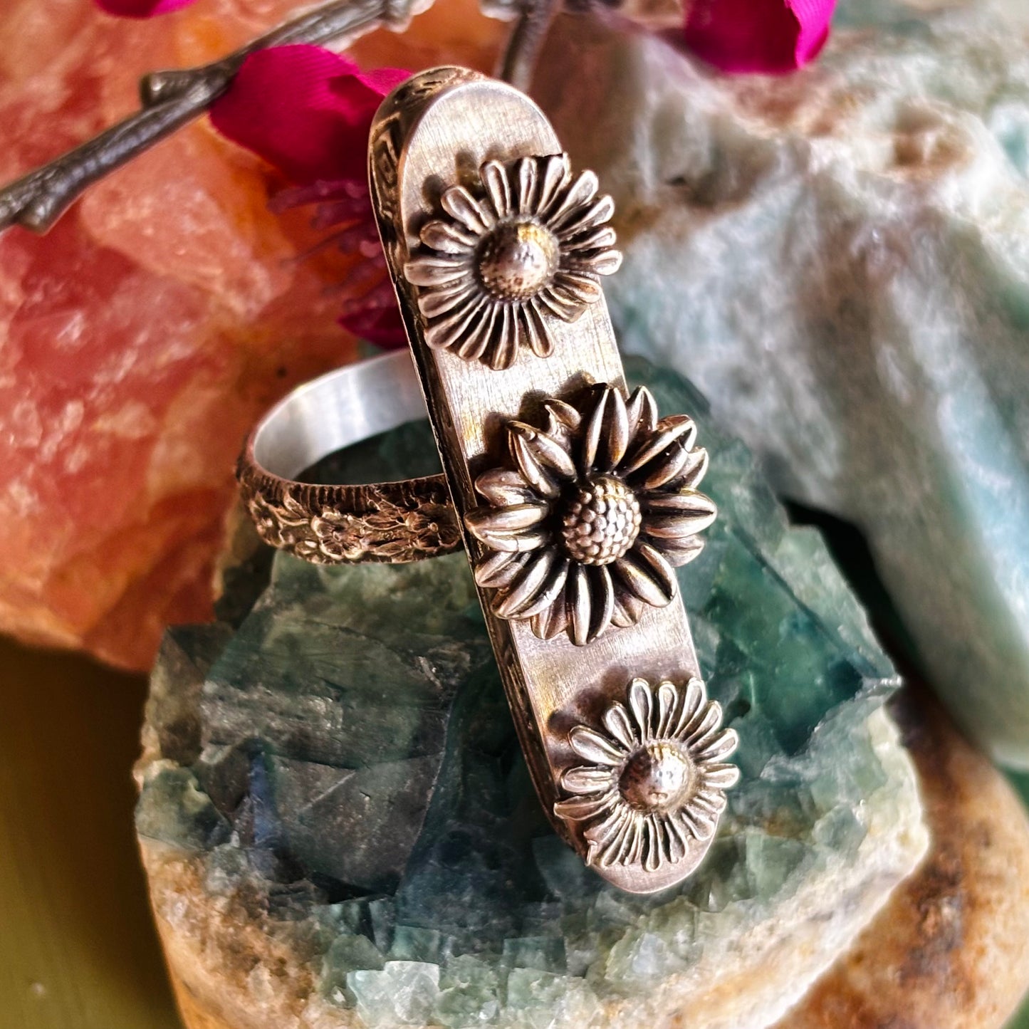 Sterling Silver Sunflower Hollow Box Form Shaker Adjustable Ring