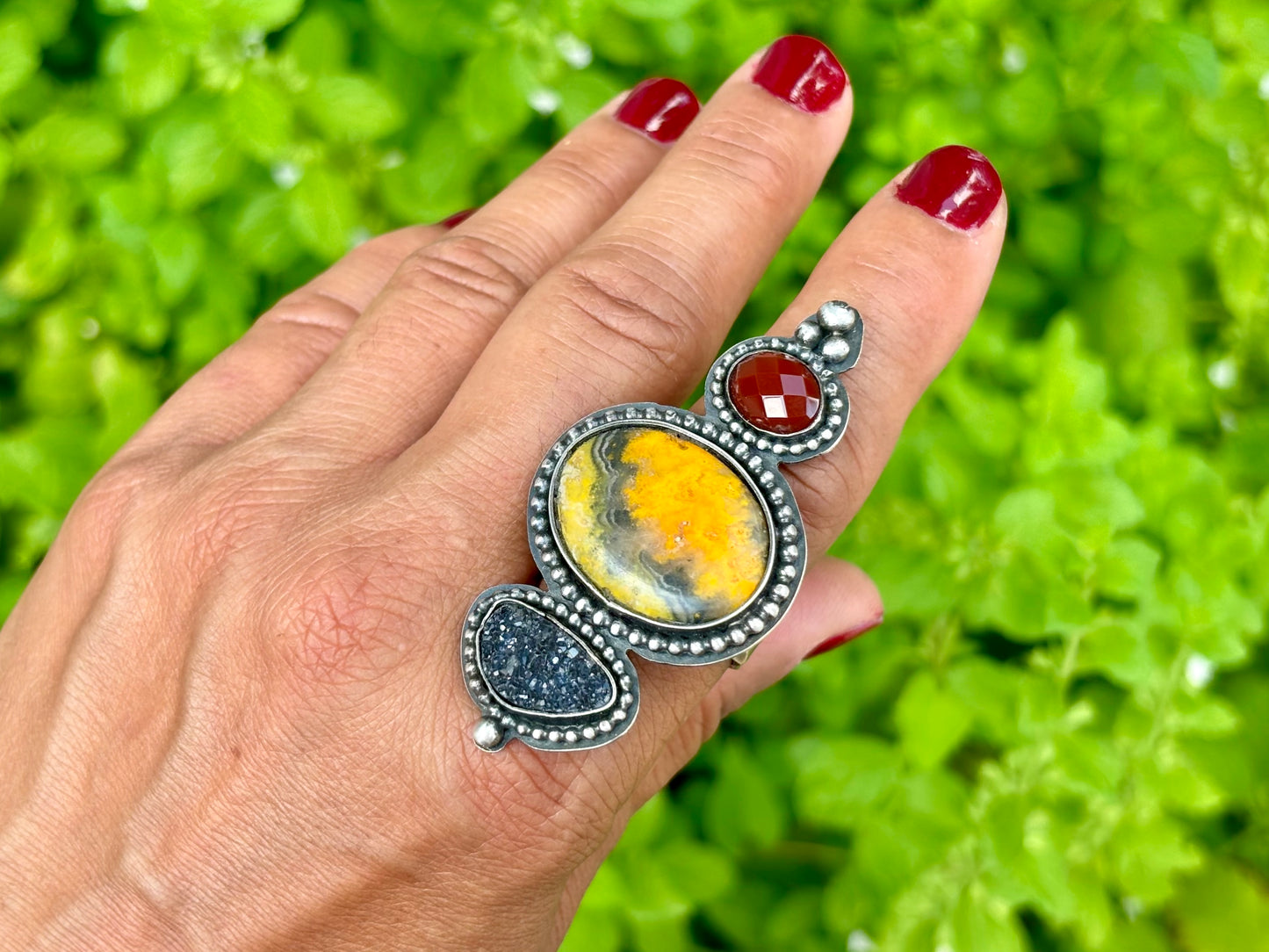 Bumblebee Jasper Faceted Carnelian and Black Druzy Adjustable Ring