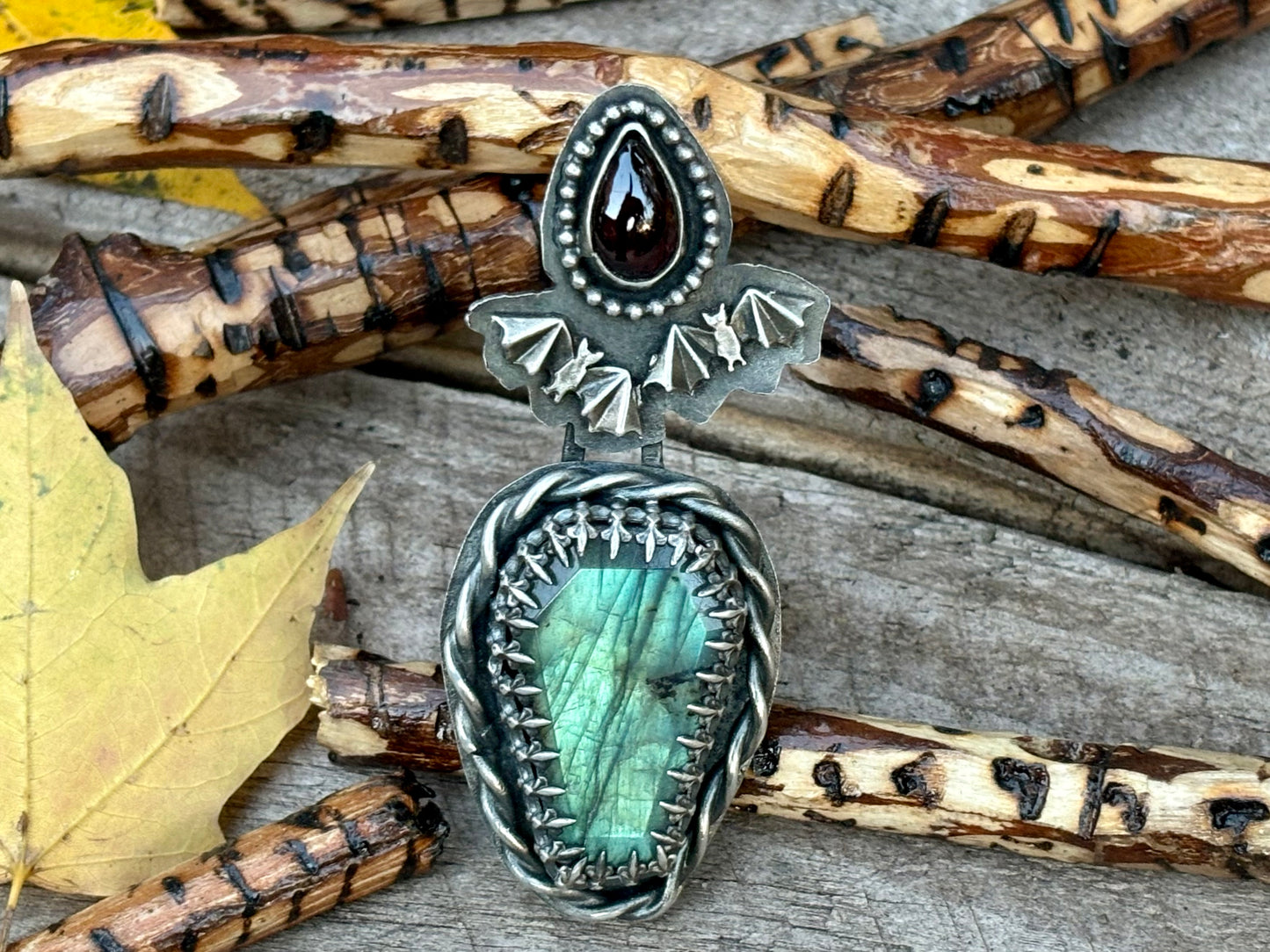 Halloween 2 Bats Sterling Silver Labradorite Garnet Ring