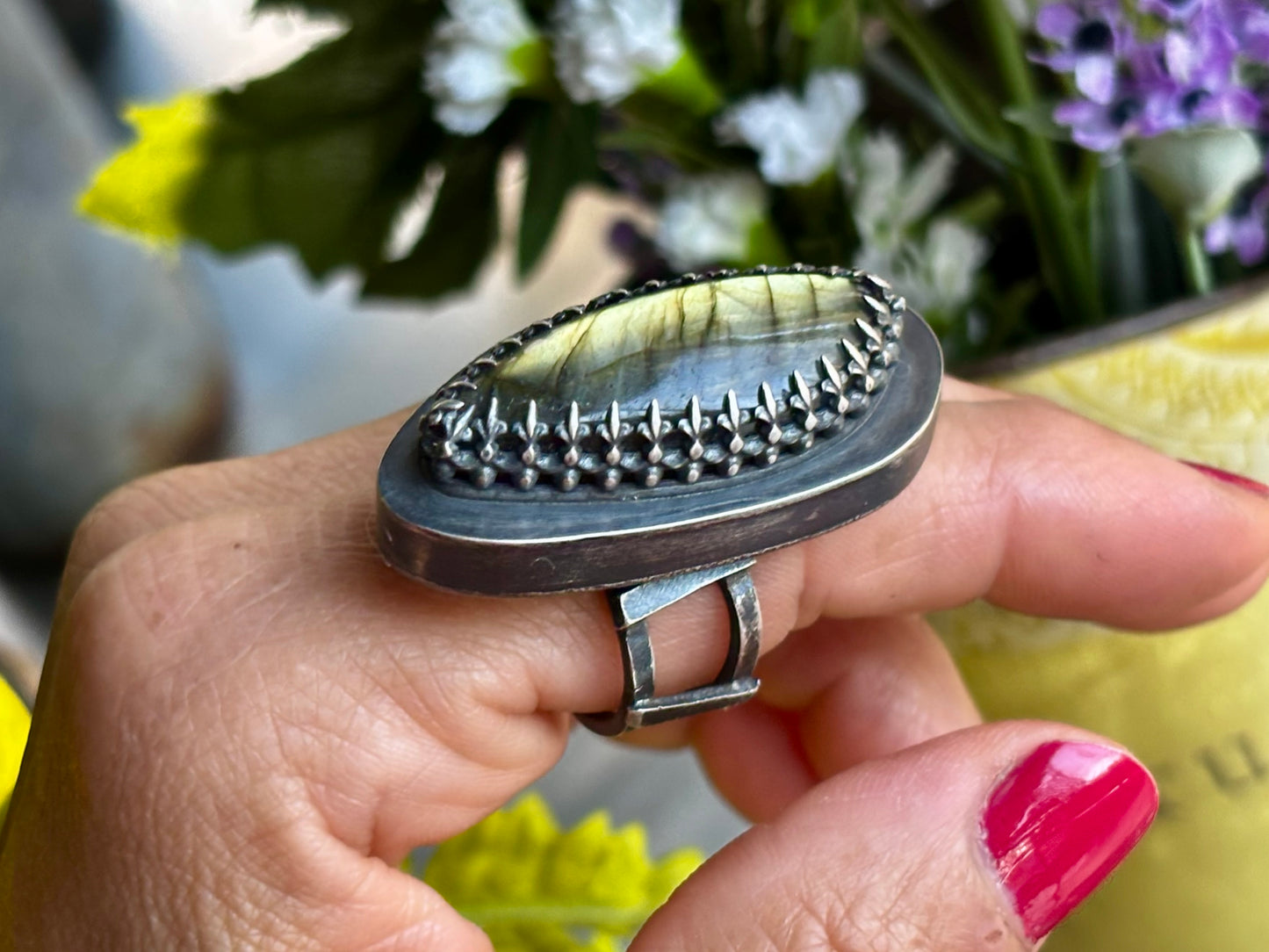 Oblong Labradorite Sterling Silver Hollow Box Form Adjustable Ring