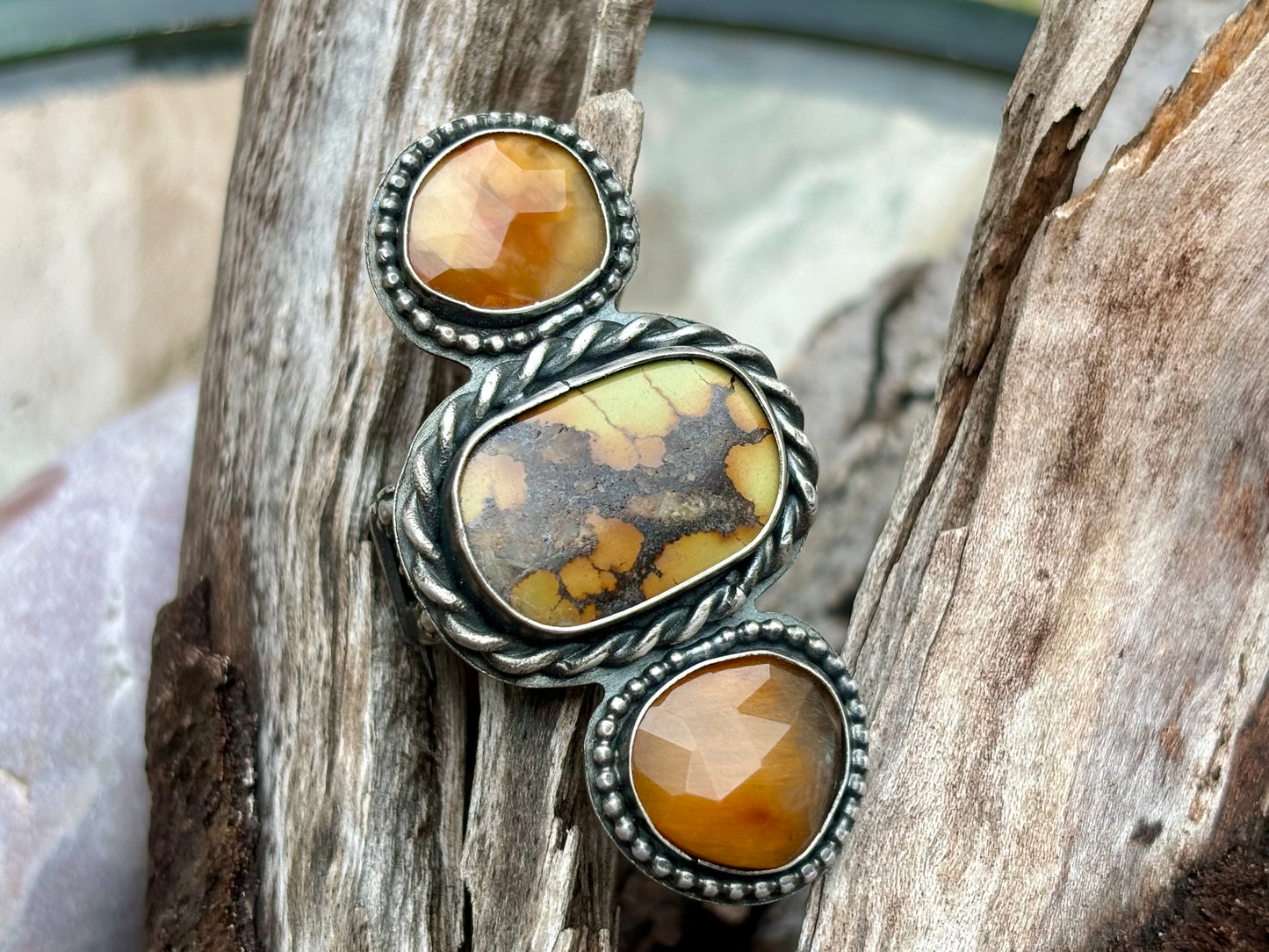 Sterling Silver Bamboo Mountain Turquoise Rutile Quartz Adjustable Ring