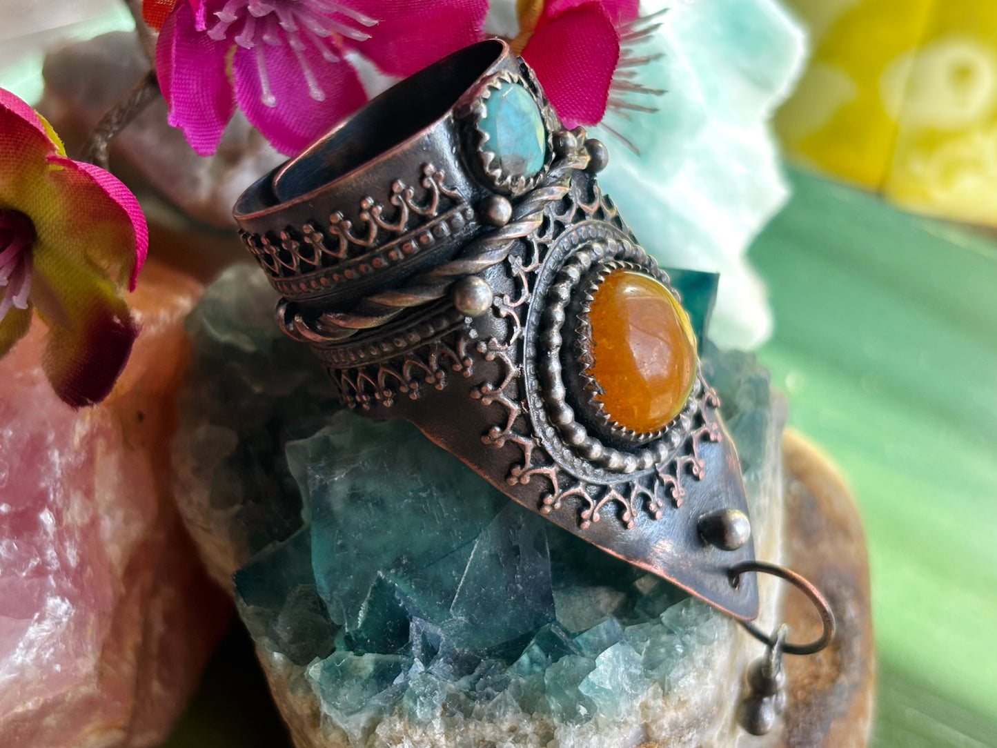 Copper Silver Yellow Jade and Hubei Turquoise Adjustable Ring.