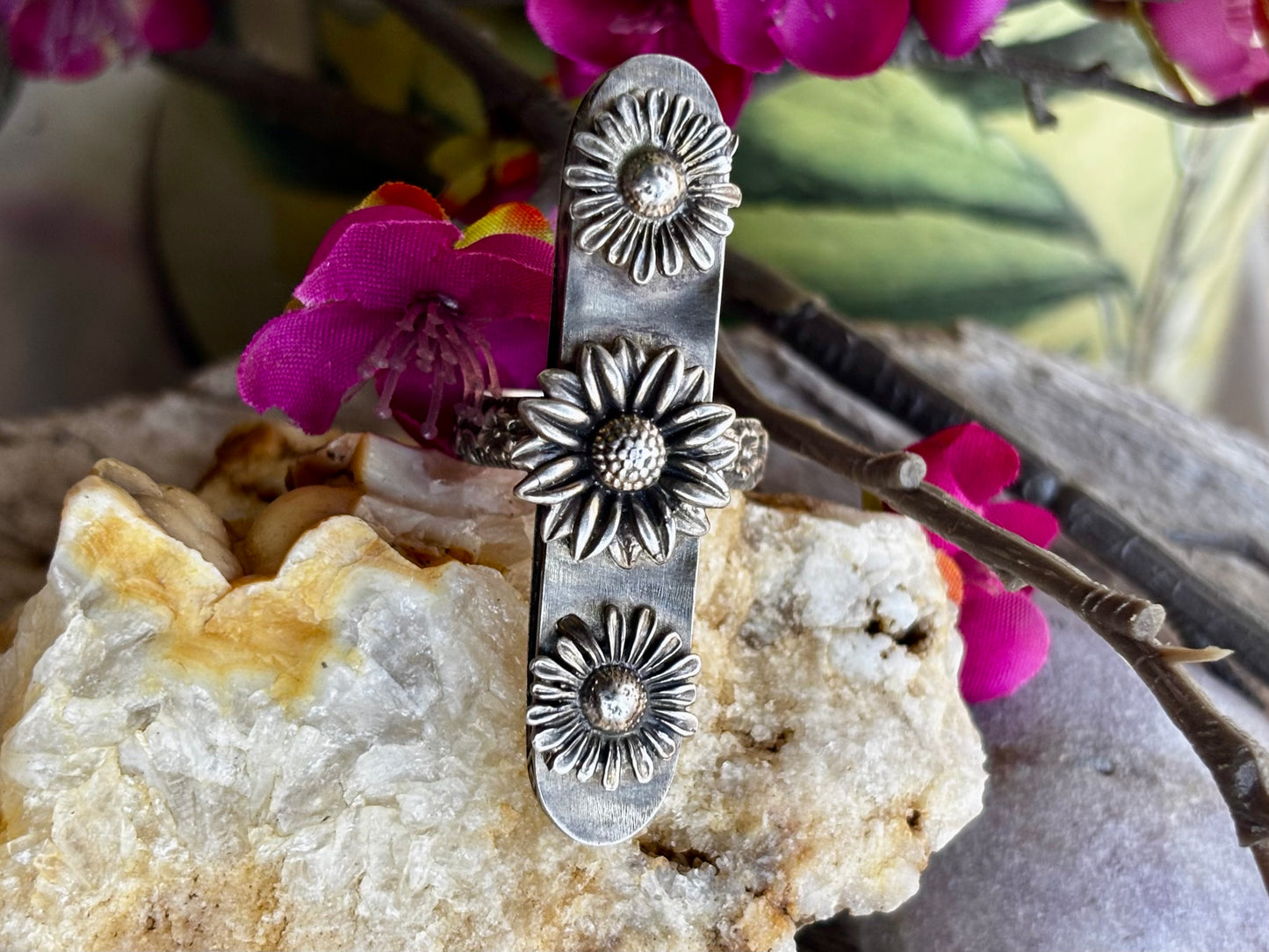 Sterling Silver Sunflower Hollow Box Form Shaker Adjustable Ring