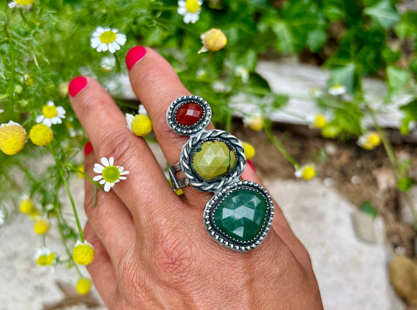 Sterling Silver Hubei Carnelian Serpentine Adjustable Ring # Y