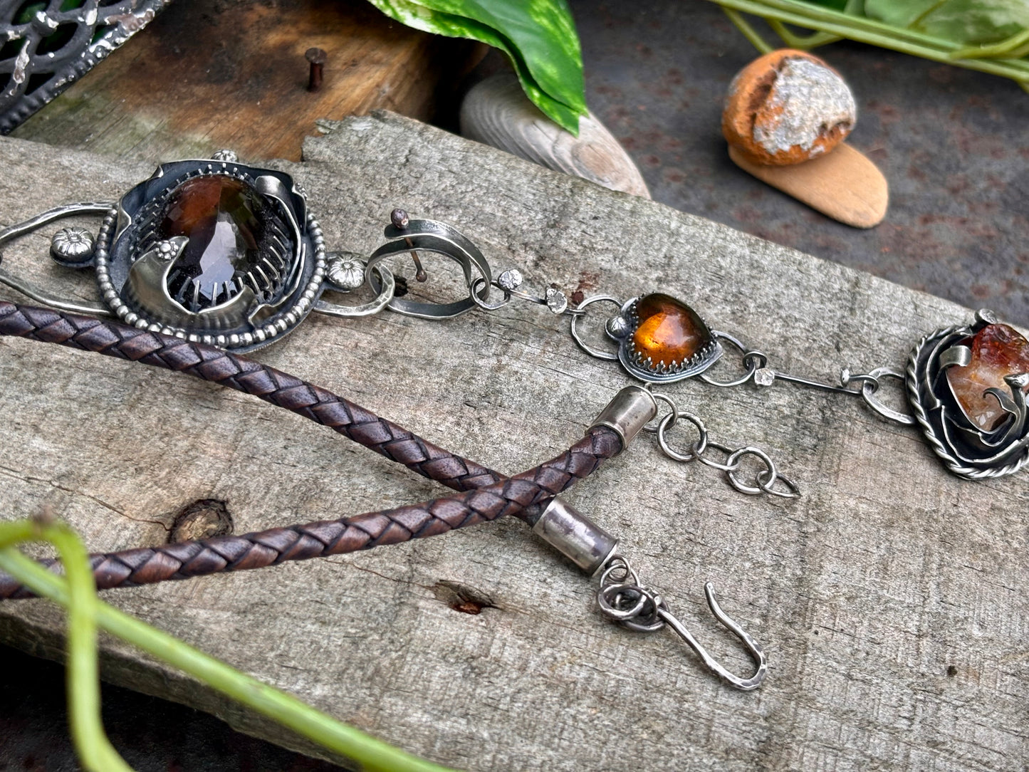 Sterling Silver Smokey Quartz Citrine Amber heart  Choker Necklace