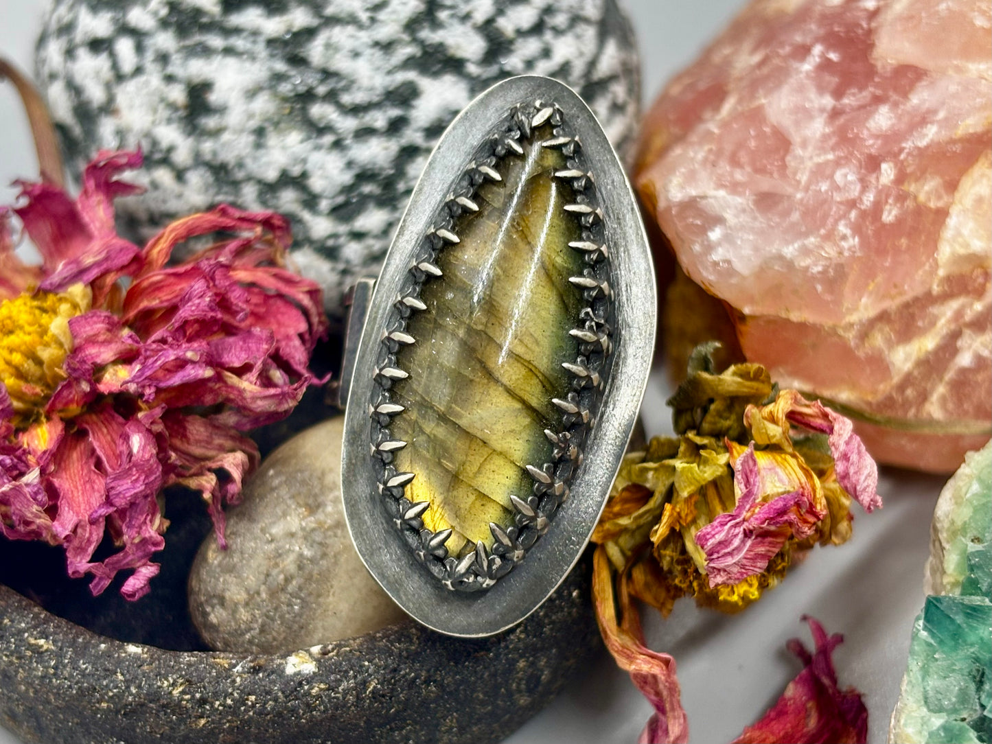 Oblong Labradorite Sterling Silver Hollow Box Form Adjustable Ring