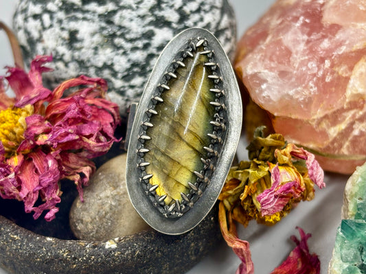 Oblong Labradorite Sterling Silver Hollow Box Form Adjustable Ring