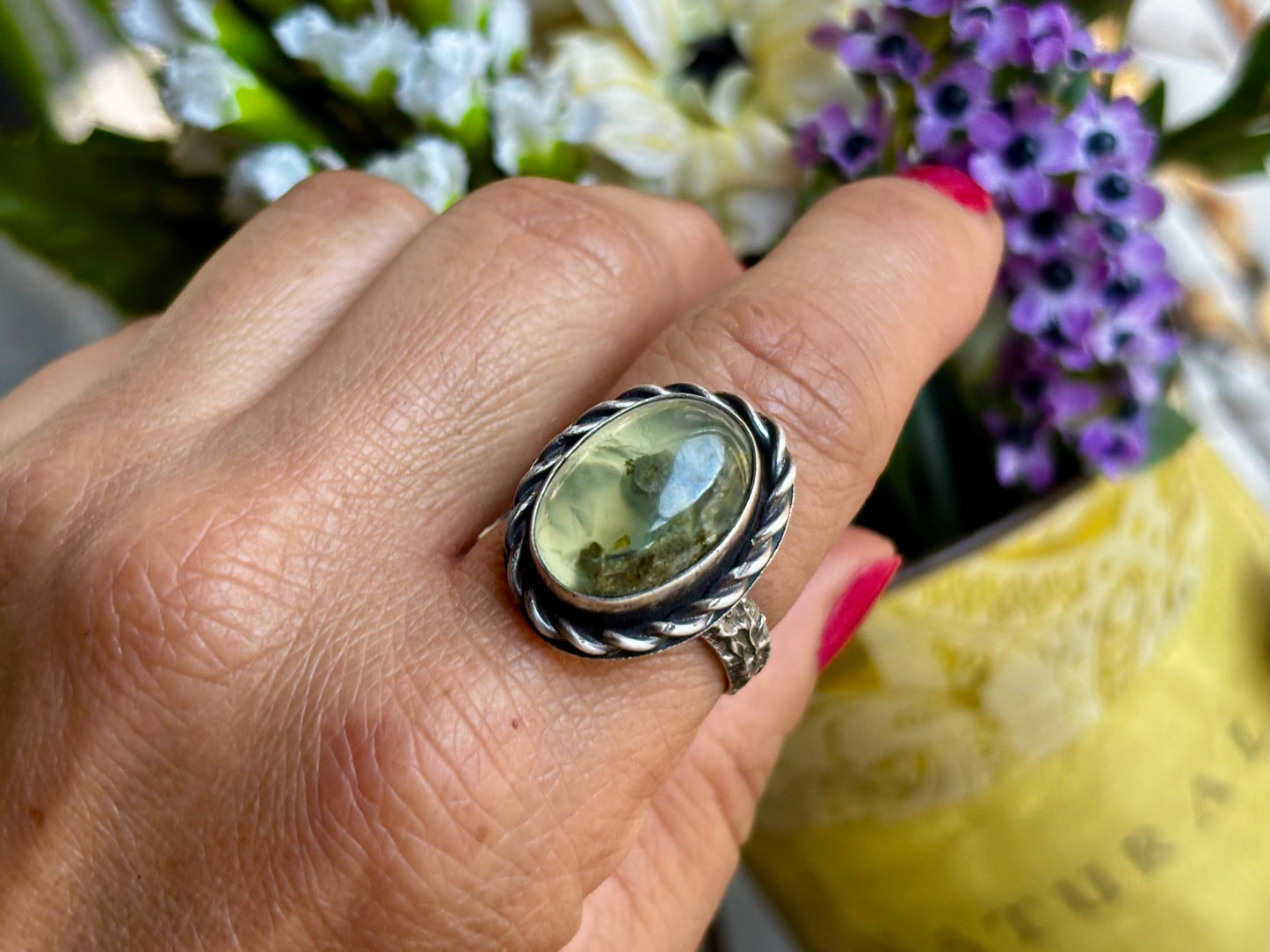 Sterling Silver Prehnite Adjustable Ring