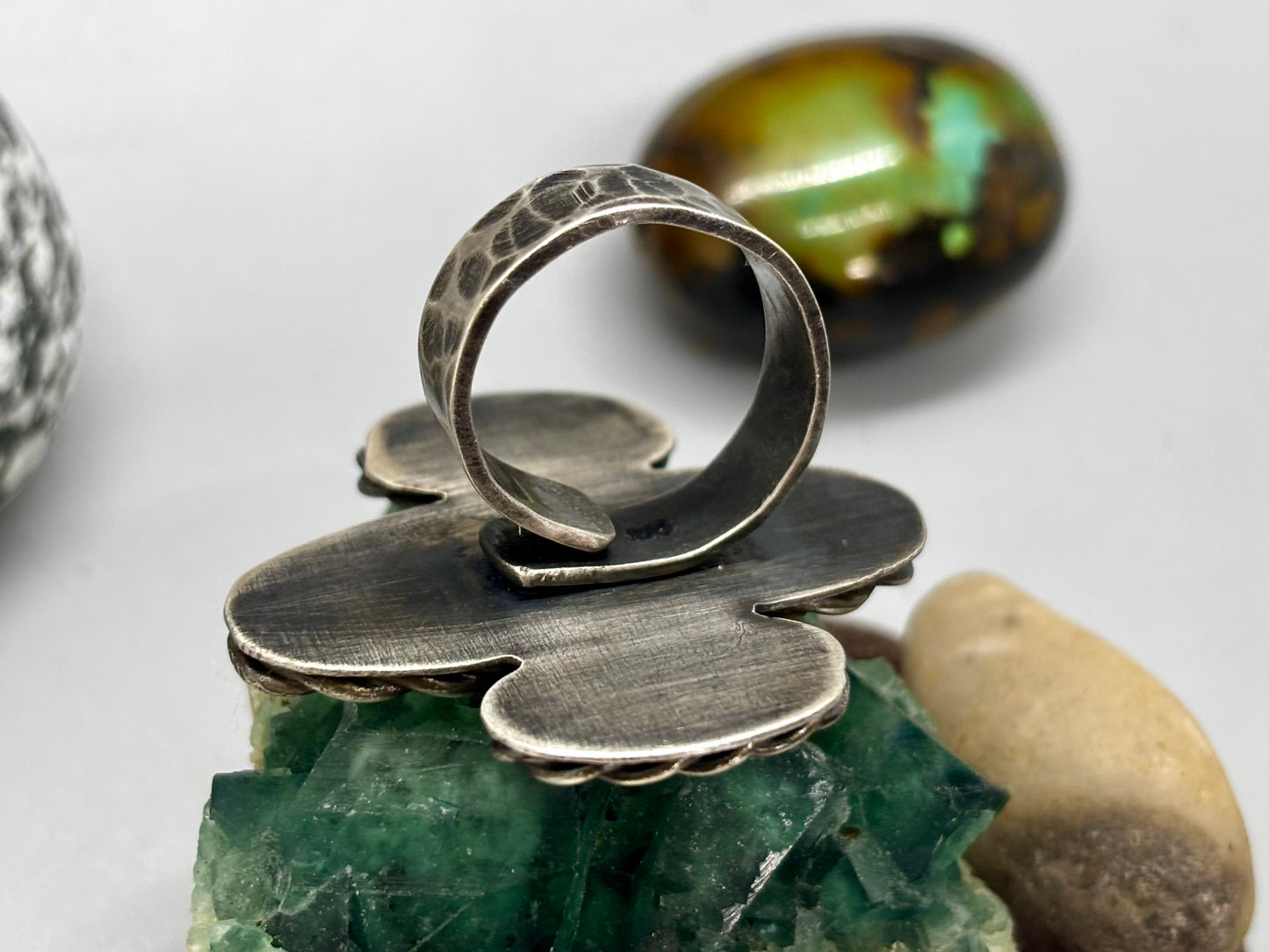 Sterling Silver Bamboo Mountain Turquoise Baltic Amber Adjustable Ring