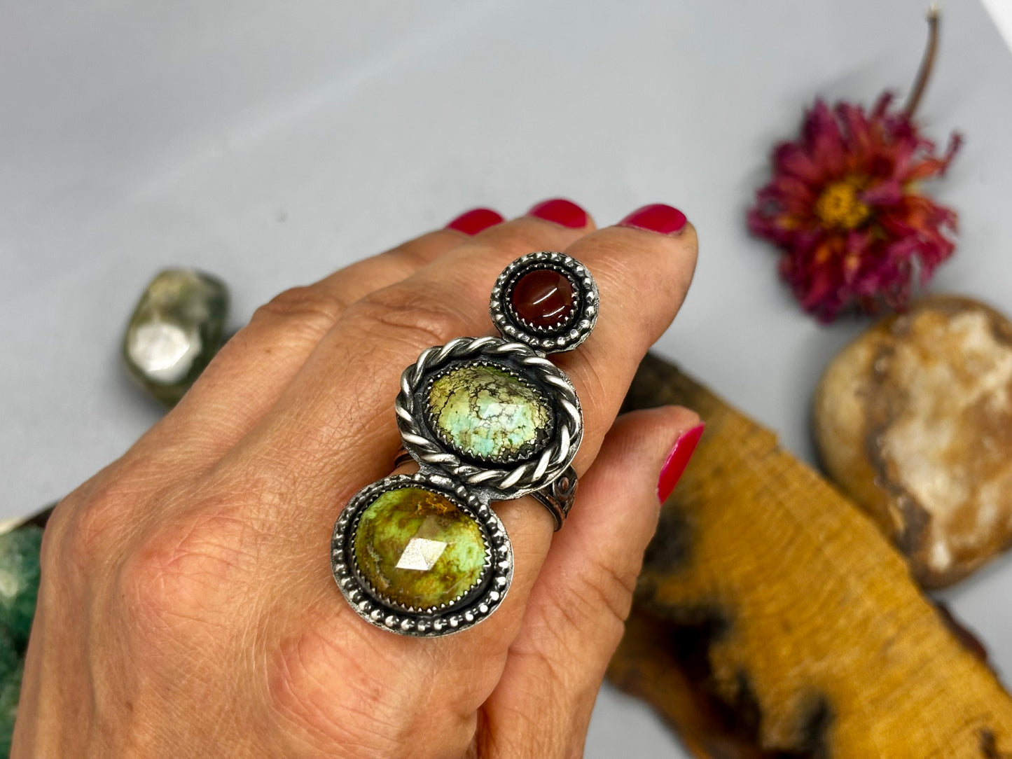 Sterling Silver Copper Hubei Turquoise Carnelian Adjustable Ring # Z