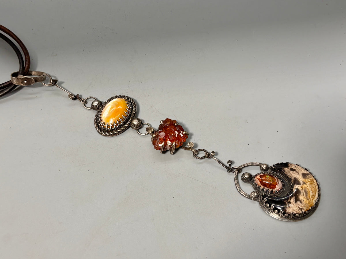 Mother of Pearl Vandinite Cantera Opal Petrified Palm Root Choker Necklace