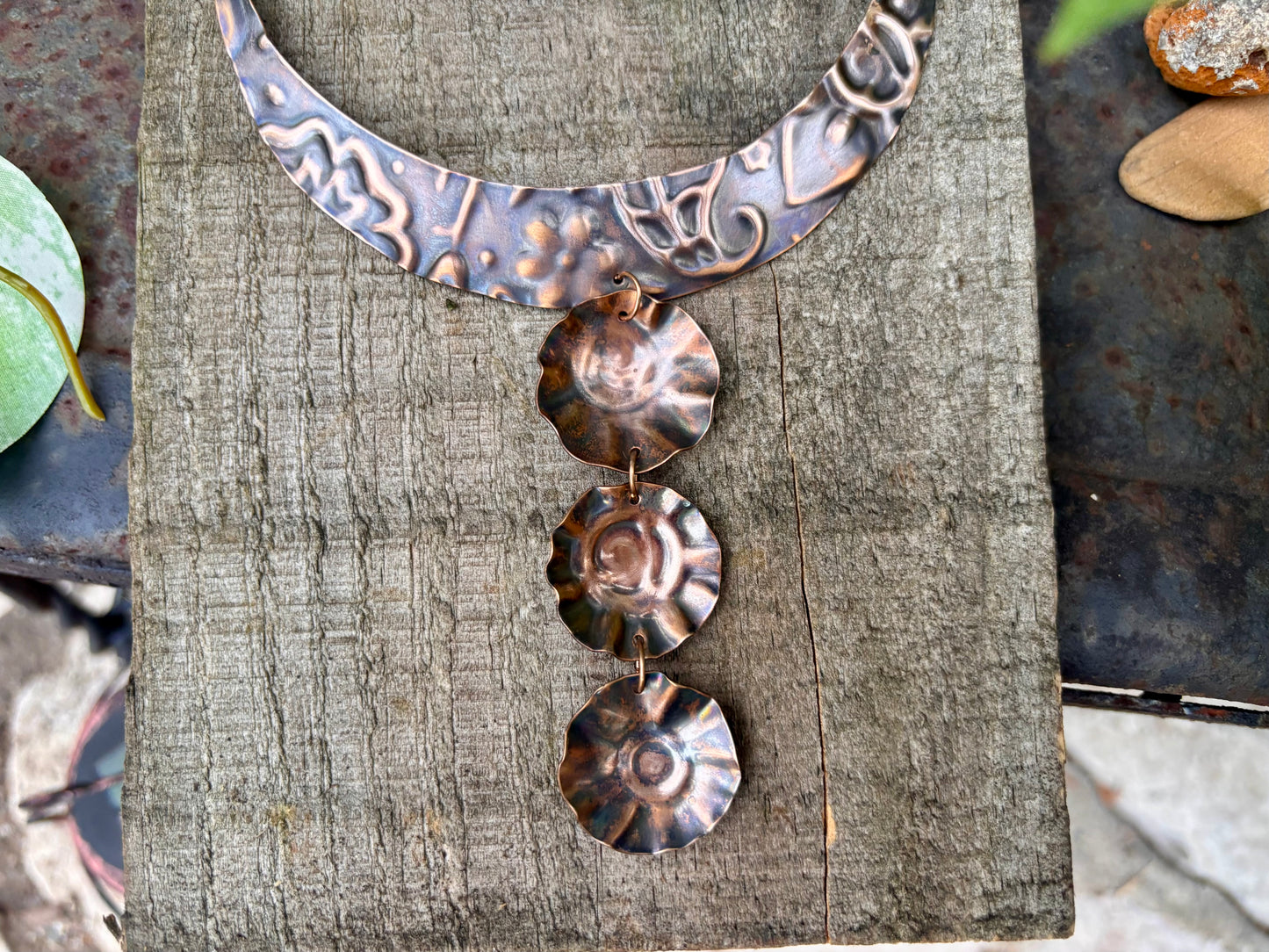 Bronze Floral Stamped Formed Disk Choker Necklace