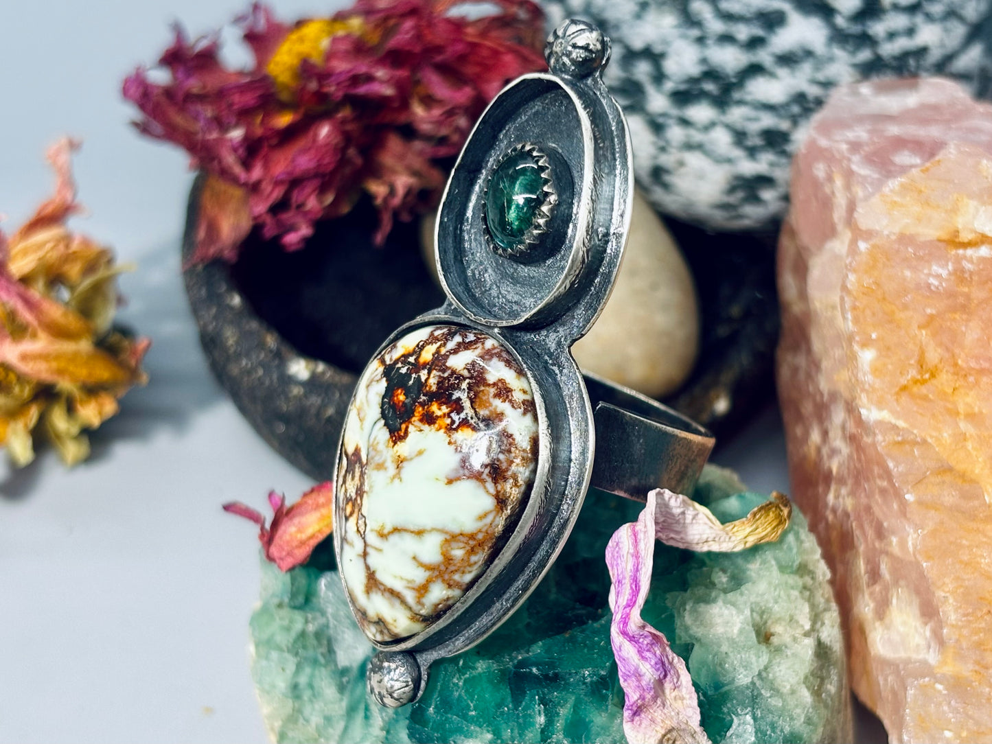 Sterling Silver Aloe Variscite Green Tourmaline Adjustable Ring