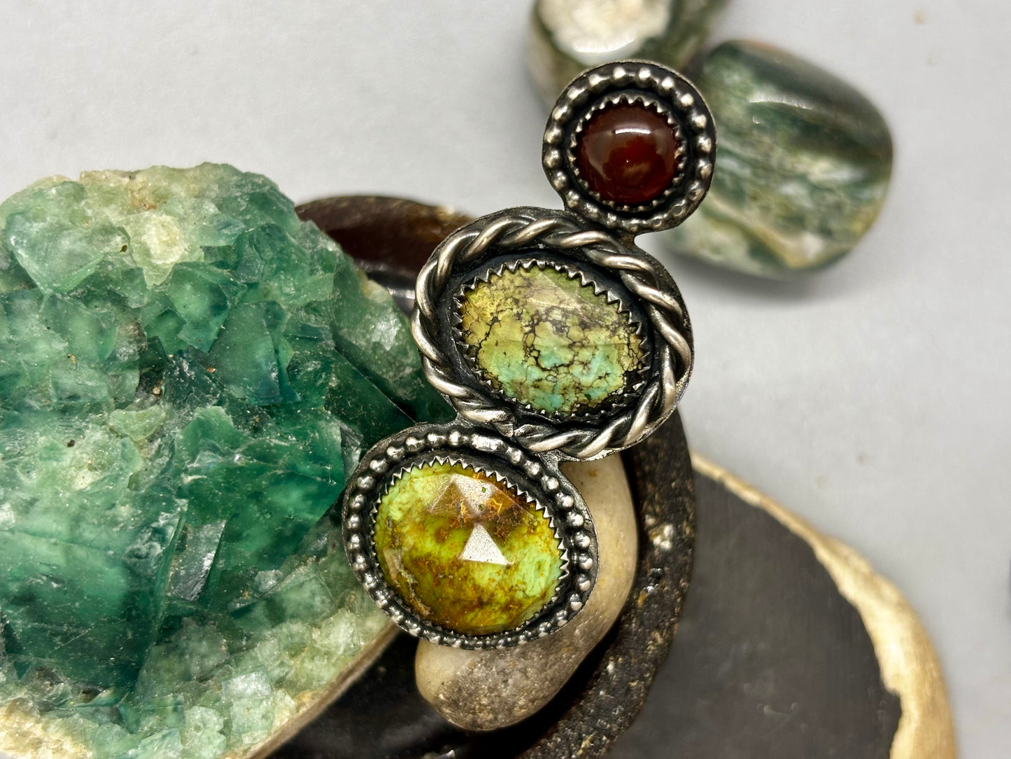 Sterling Silver Copper Hubei Turquoise Carnelian Adjustable Ring # Z