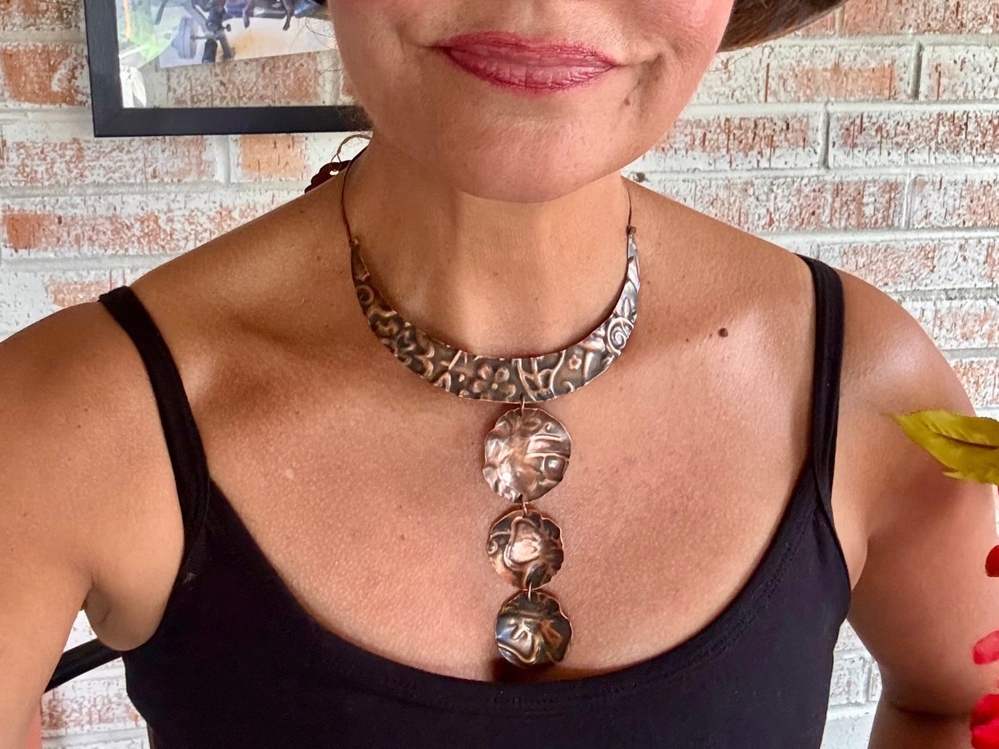 Copper Floral Stamped Formed Disk Choker Necklace