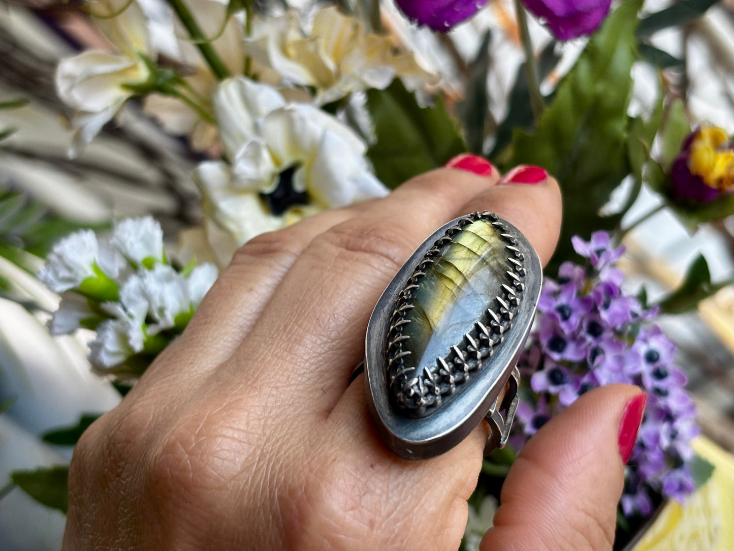 Oblong Labradorite Sterling Silver Hollow Box Form Adjustable Ring