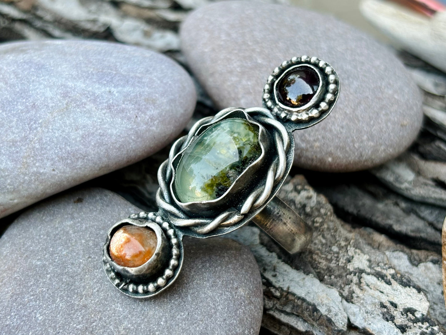 Sterling Silver Garnet Prehnite Sunstone Custom Adjustable Ring