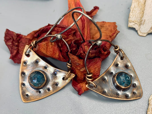 Moss Kyanite Bronze Sterling Silver Shield Earrings