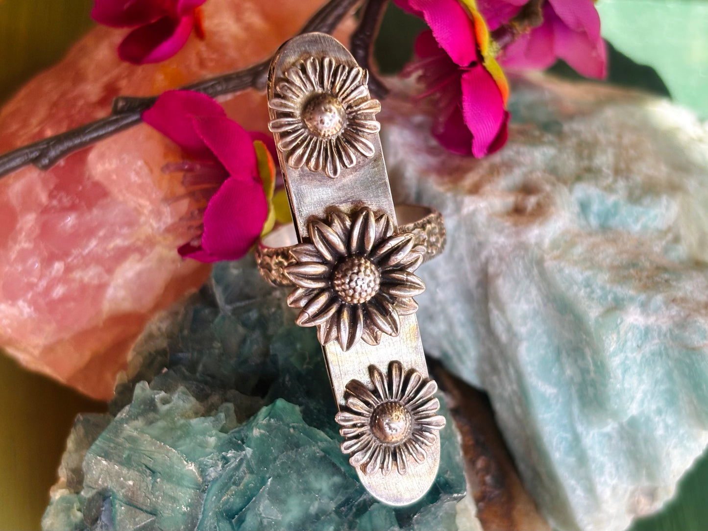 Sterling Silver Sunflower Hollow Box Form Shaker Adjustable Ring
