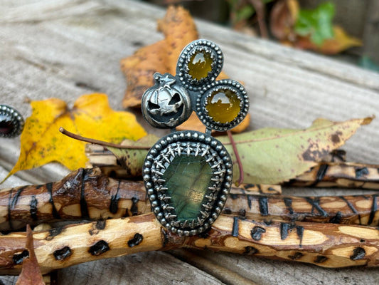 Halloween Collection Jack-O-Lantern Labradorite Chalcedony Adjustable Ring (2)