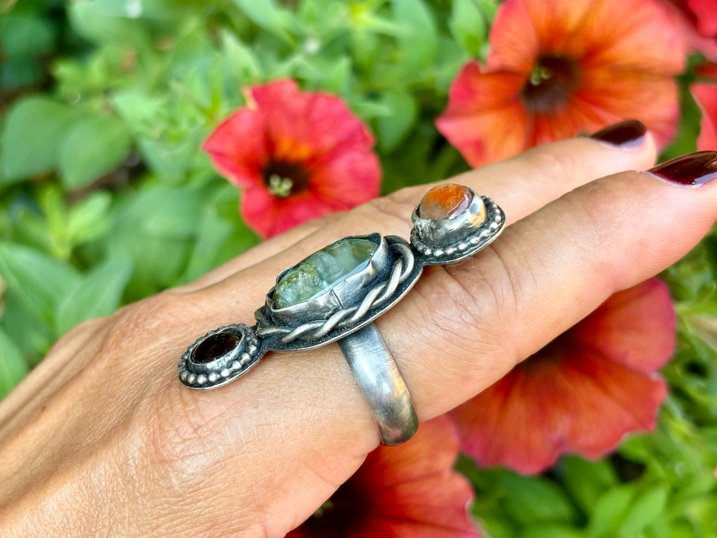 Sterling Silver Garnet Prehnite Sunstone Custom Adjustable Ring