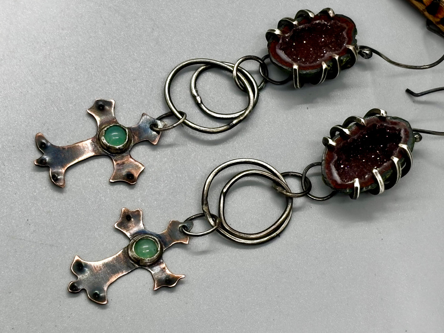 Sterling Silver Copper Chrysoprase Tabasco Geode Cross Earrings
