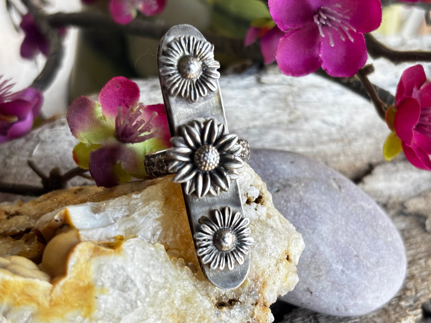 Sterling Silver Sunflower Hollow Box Form Shaker Adjustable Ring