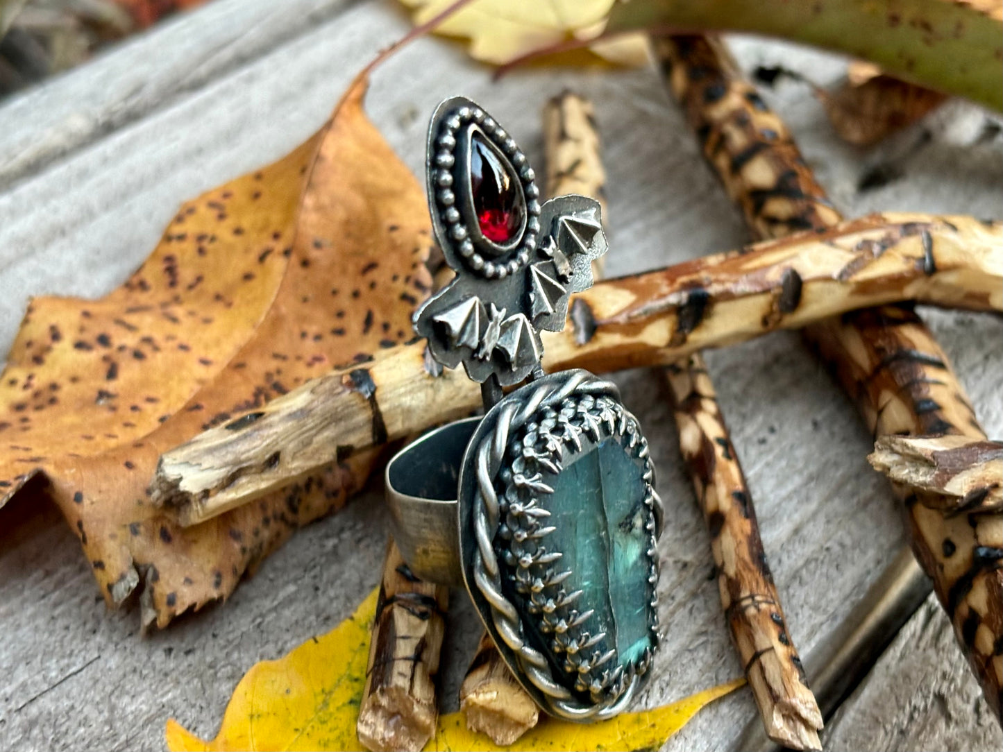 Halloween 2 Bats Sterling Silver Labradorite Garnet Ring