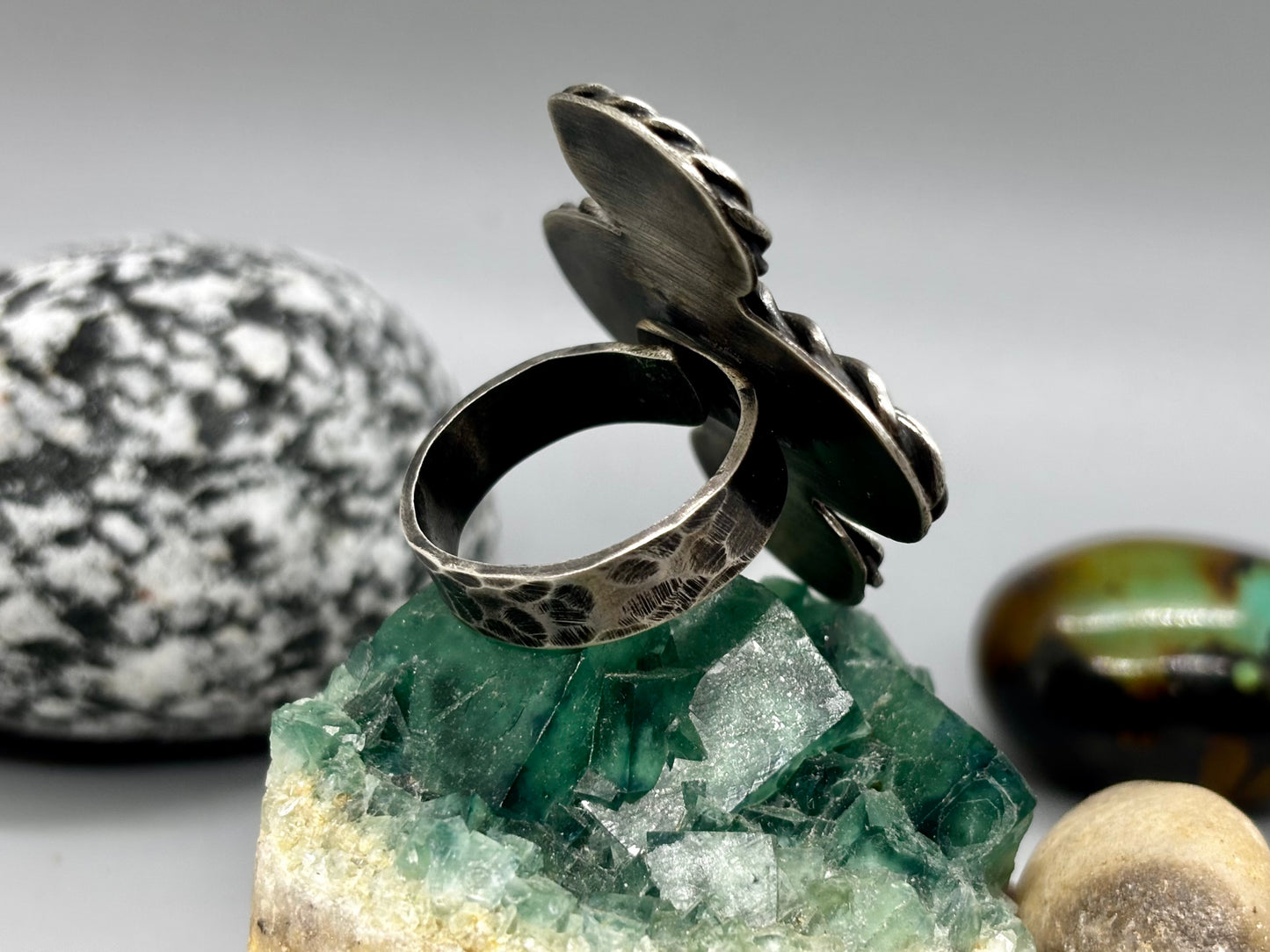 Sterling Silver Bamboo Mountain Turquoise Baltic Amber Adjustable Ring