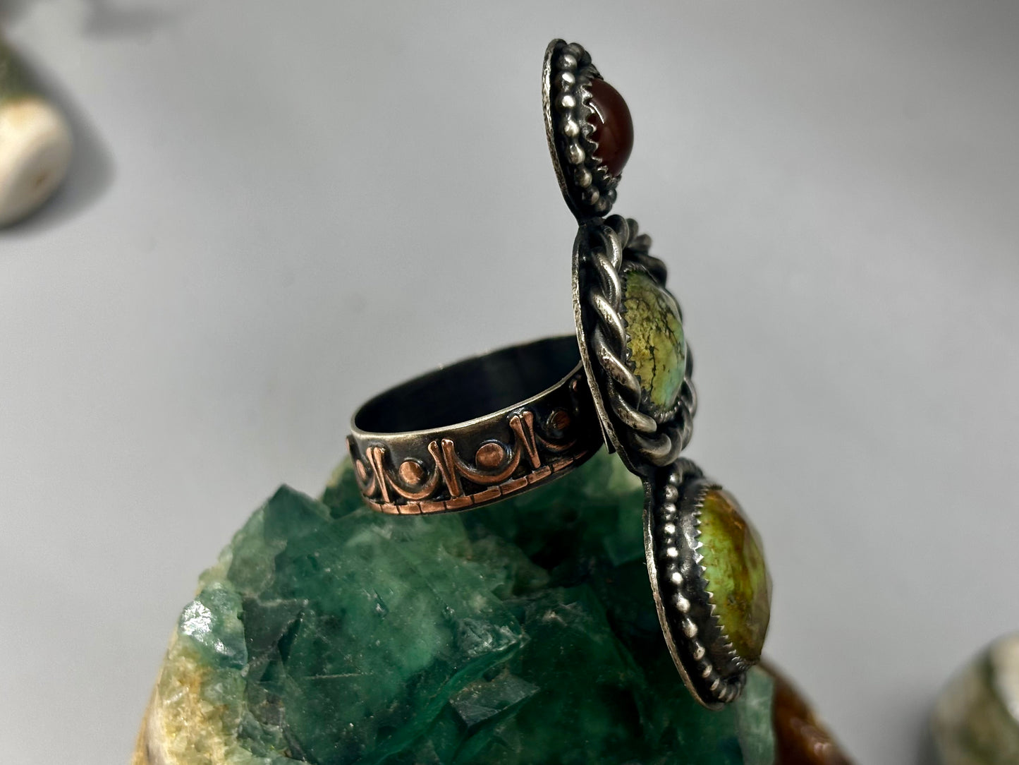 Sterling Silver Copper Hubei Turquoise Carnelian Adjustable Ring # Z