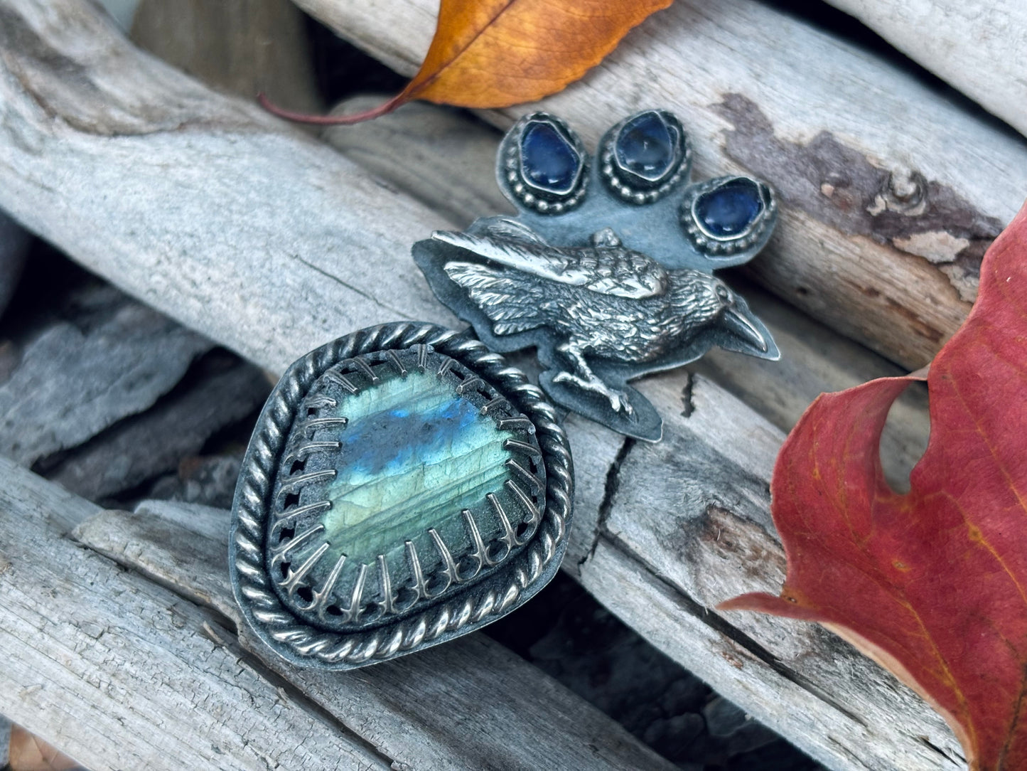 Halloween Black Crow Sterling Silver Labradorite Kayanite Ring