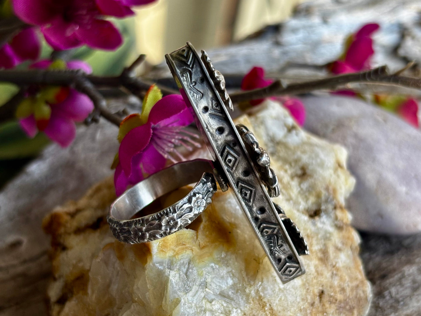 Sterling Silver Sunflower Hollow Box Form Shaker Adjustable Ring