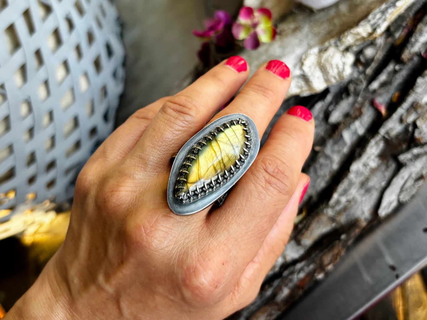 Oblong Labradorite Sterling Silver Hollow Box Form Adjustable Ring