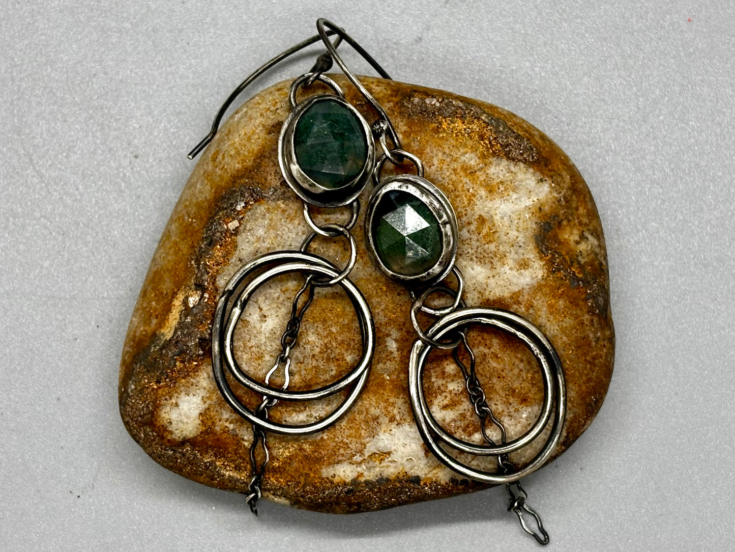 Sterling Silver Moss Agate Chain Hoop Earrings