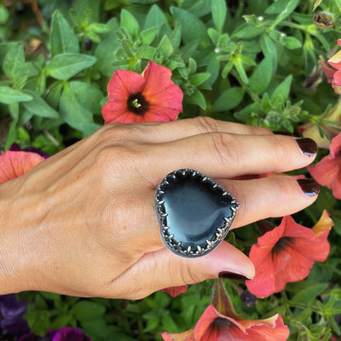 Sterling Silver Black Obsidian Fancy Heart Adjustable Ring #3