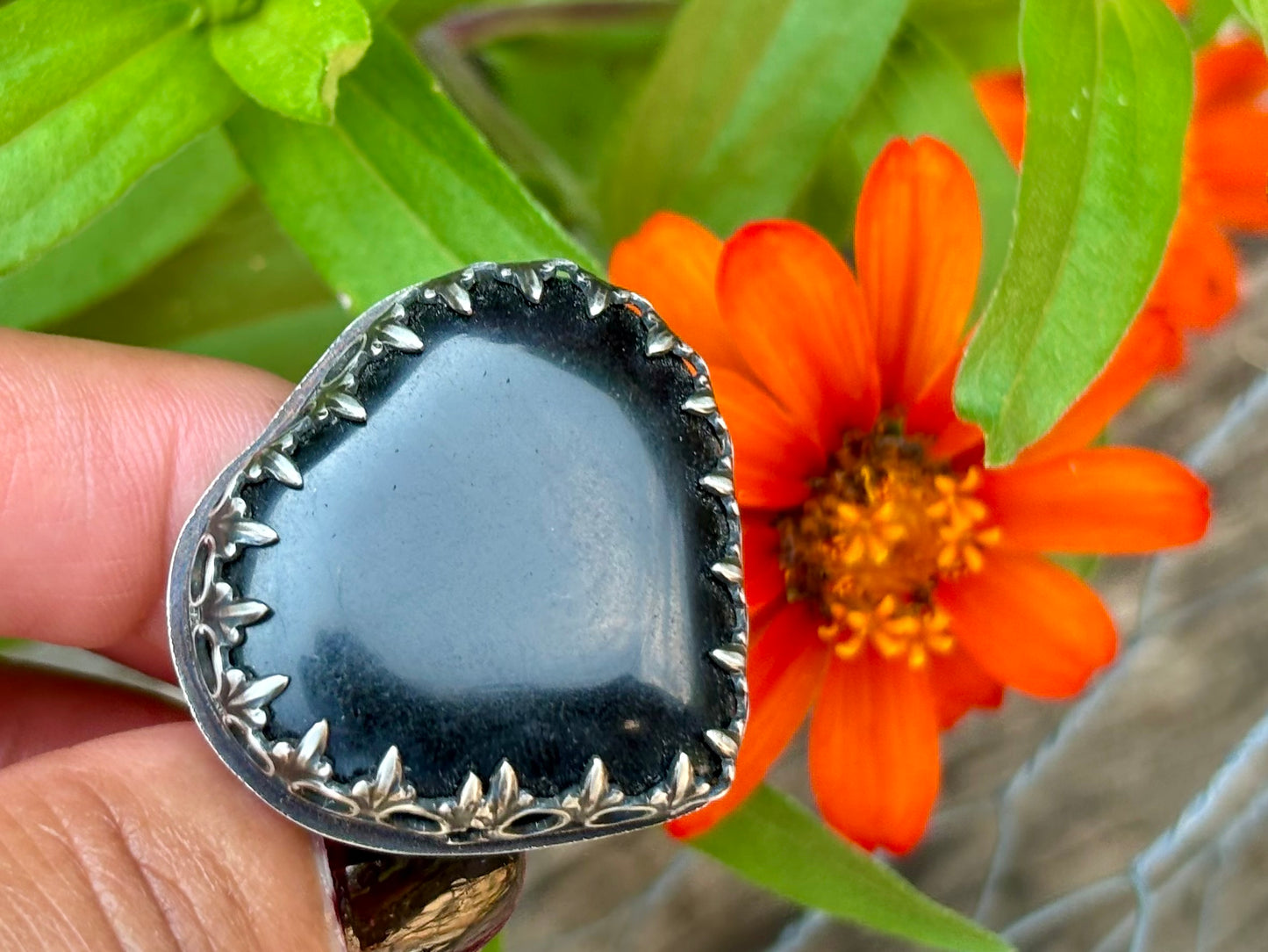 Sterling Silver Black Obsidian Fancy Heart Adjustable Ring #3