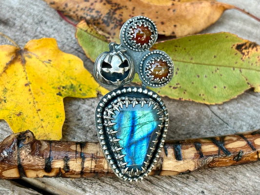 Halloween Collection Ha Ha Pumpkin Labradorite Carnelian Adjustable Ring (3)