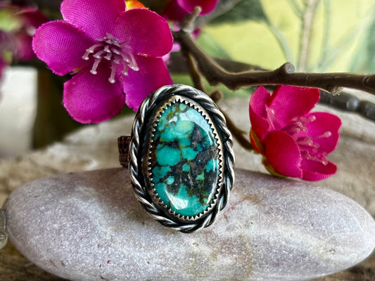 Sterling Silver Copper Hubei Turquoise Adjustable Ring (C)