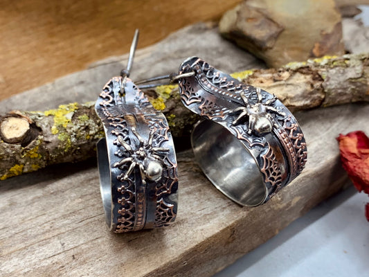 Halloween Sterling Silver and Copper Spider Webbed Hoop Earrings (2)