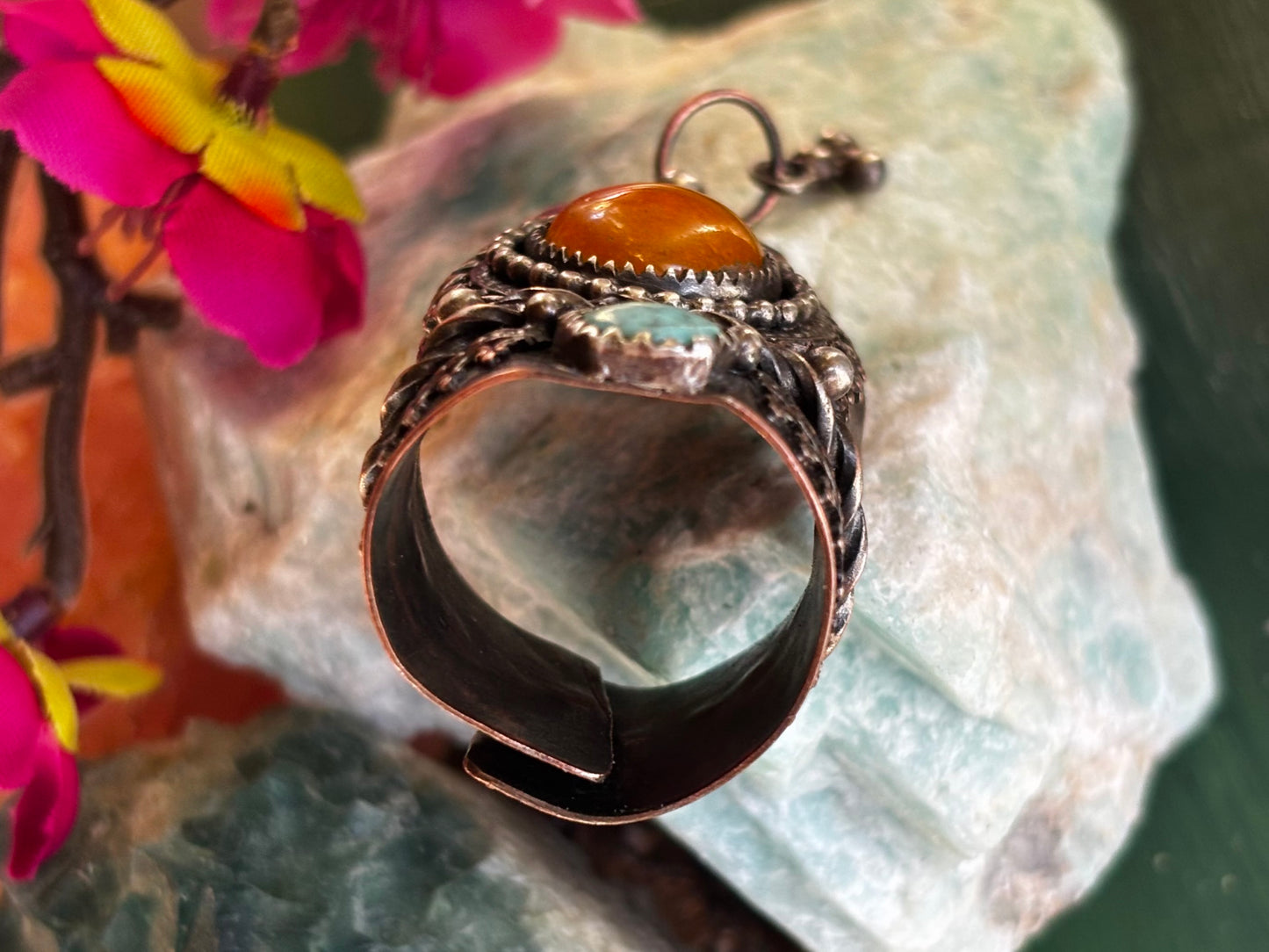 Copper Silver Yellow Jade and Hubei Turquoise Adjustable Ring.
