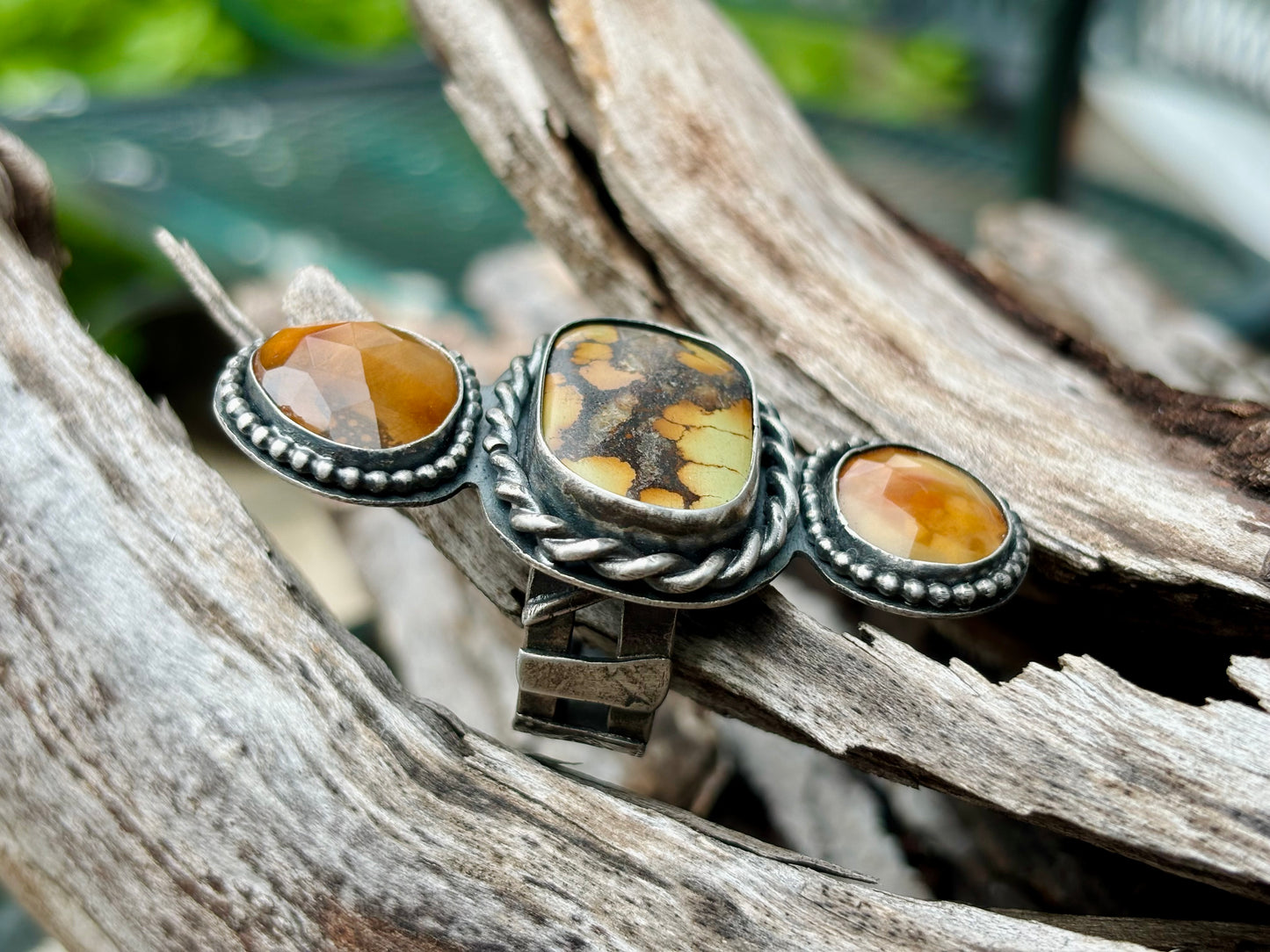 Sterling Silver Bamboo Mountain Turquoise Rutile Quartz Adjustable Ring