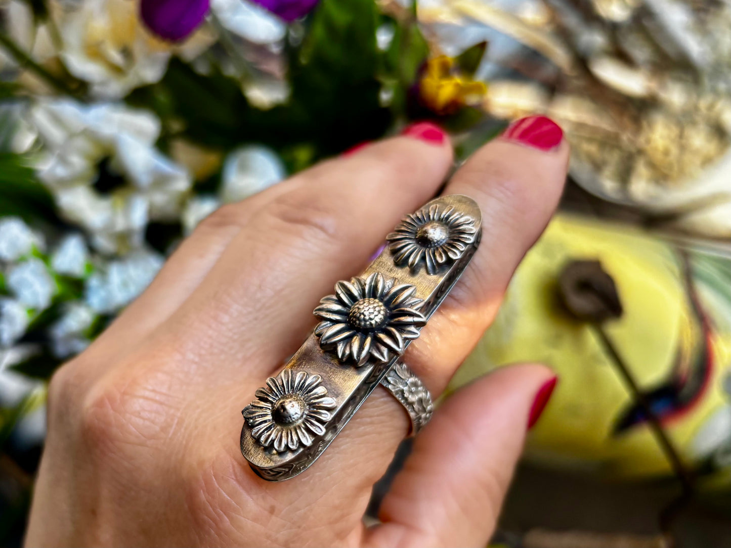 Sterling Silver Sunflower Hollow Box Form Shaker Adjustable Ring