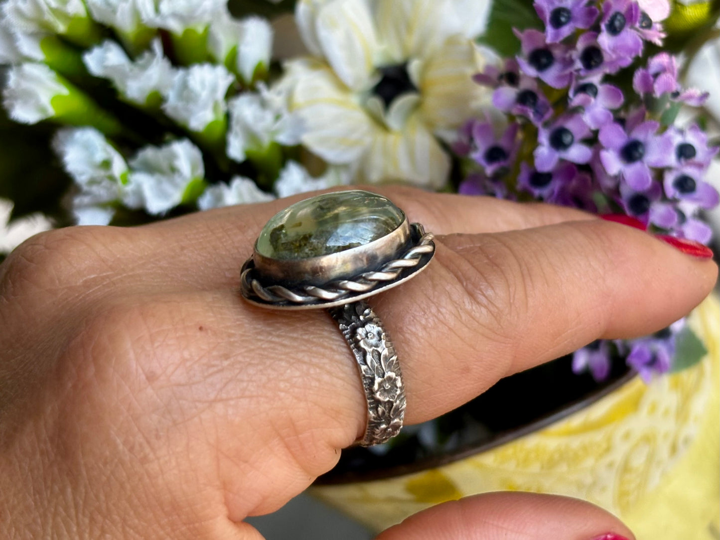 Sterling Silver Prehnite Adjustable Ring