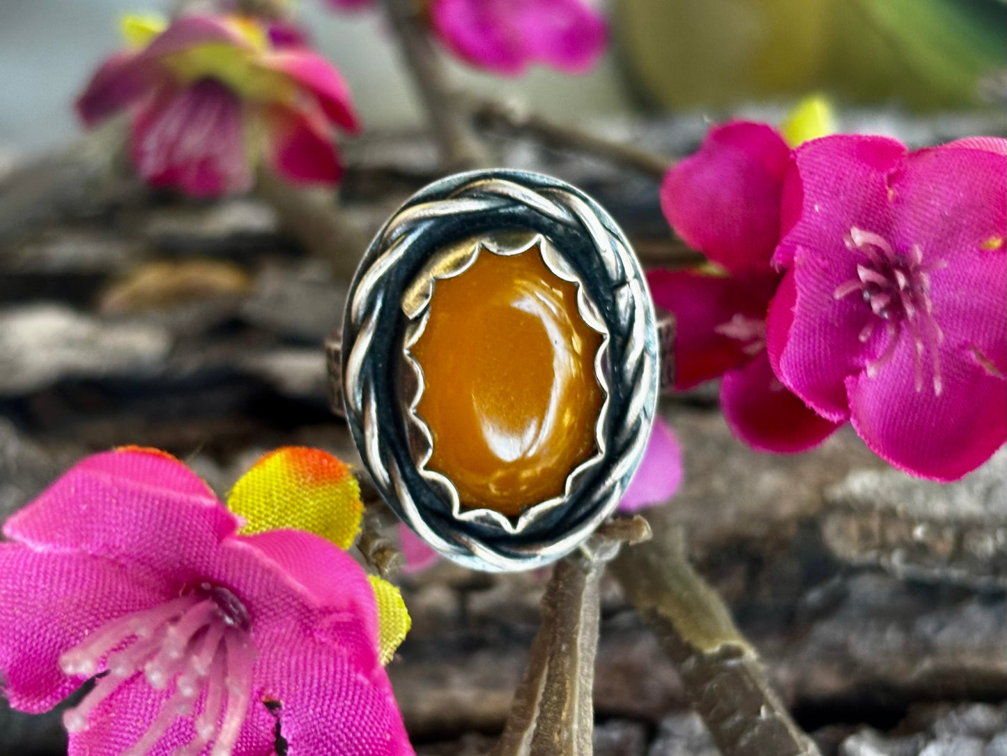Sterling Silver Twisted Yellow Jade Adjustable Ring