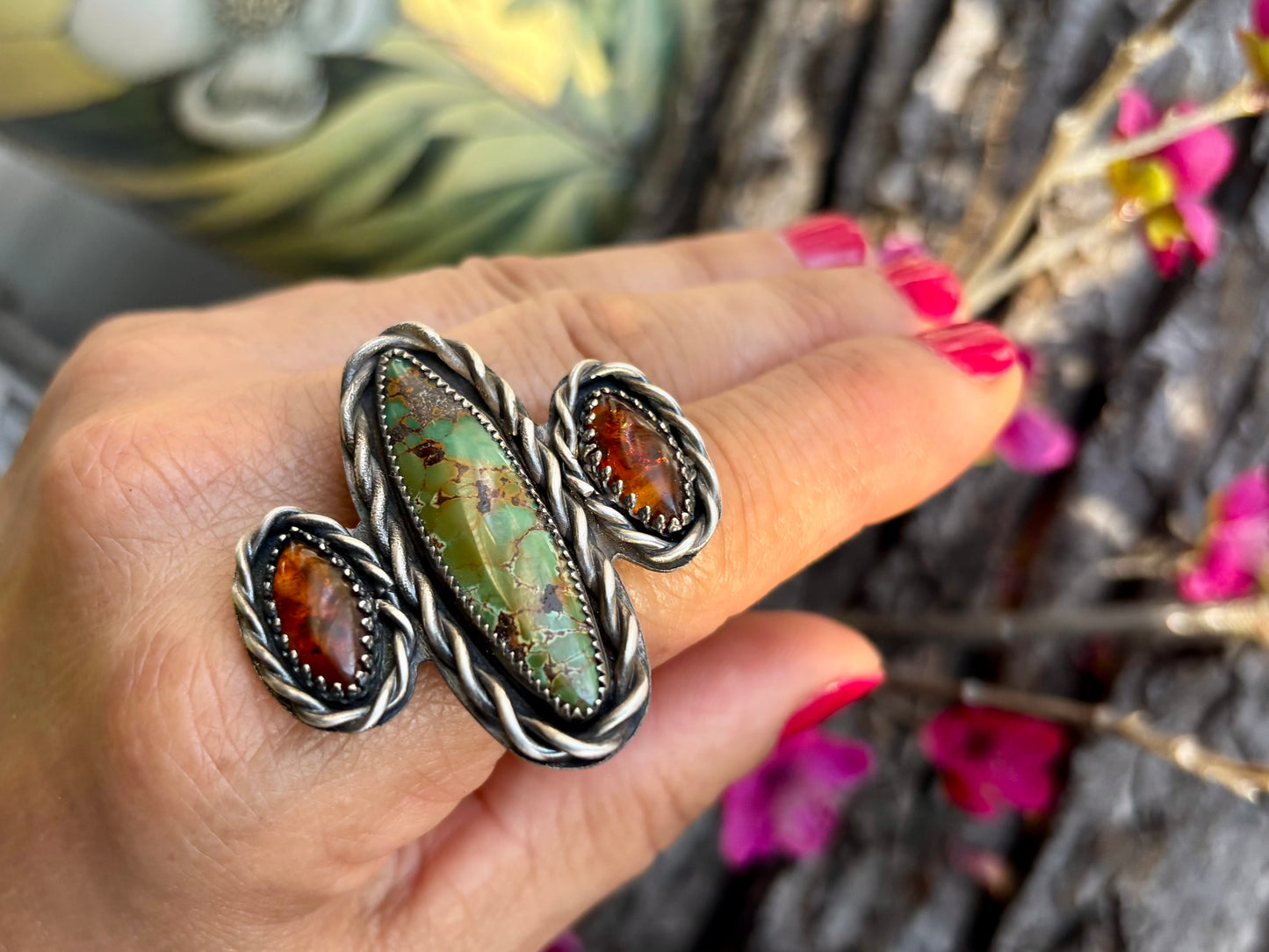 Sterling Silver Bamboo Mountain Turquoise Baltic Amber Adjustable Ring