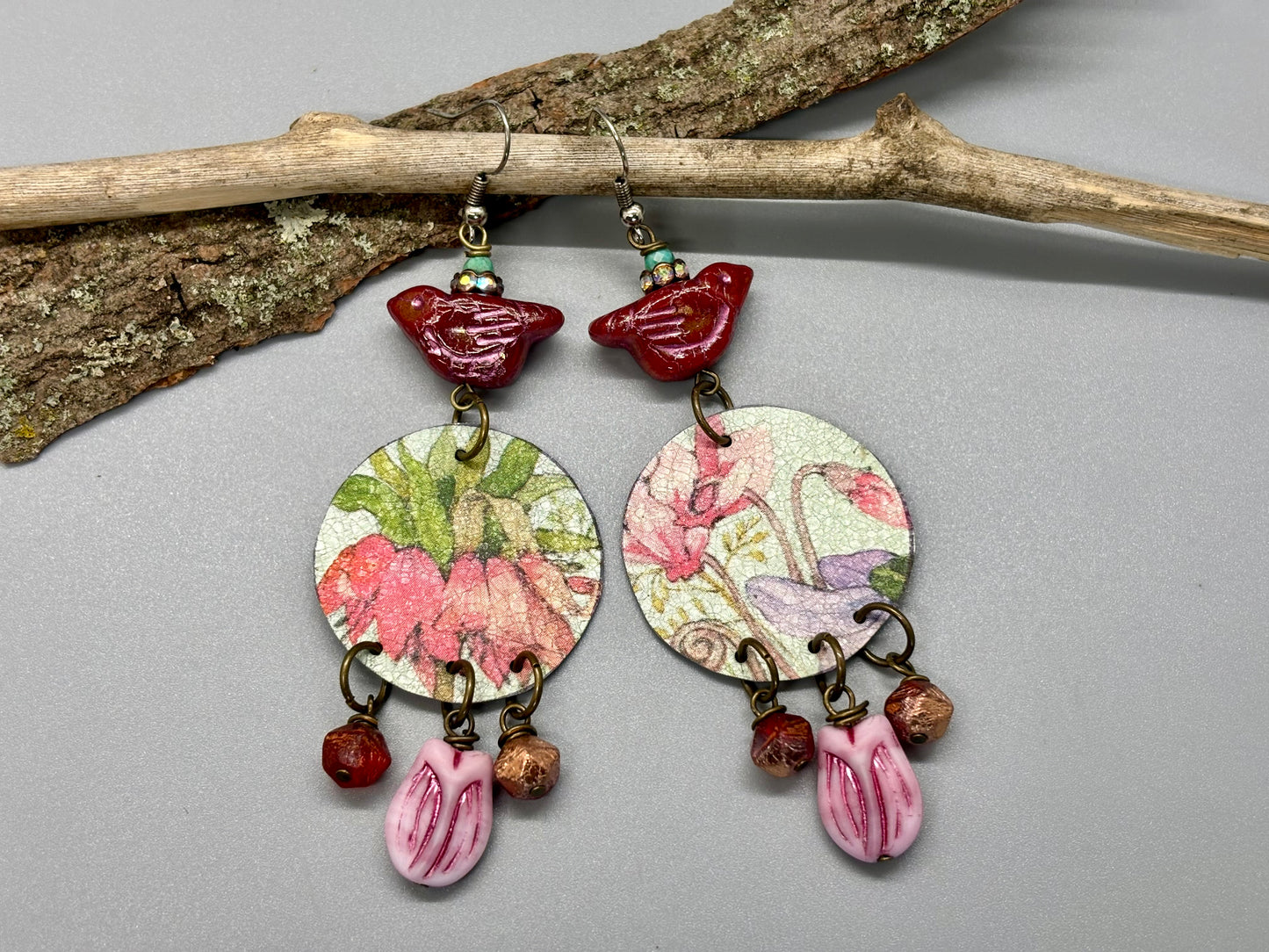 Pink Birdie Floral Dangle Earrings